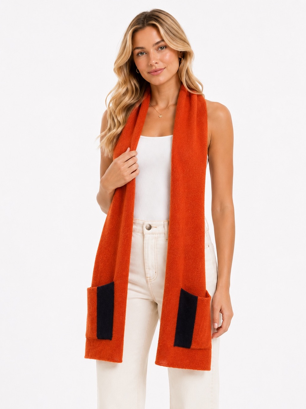 Mackie of Scotland Cozy‎ Open-Front Orange Wool Wrap with Patch Pockets